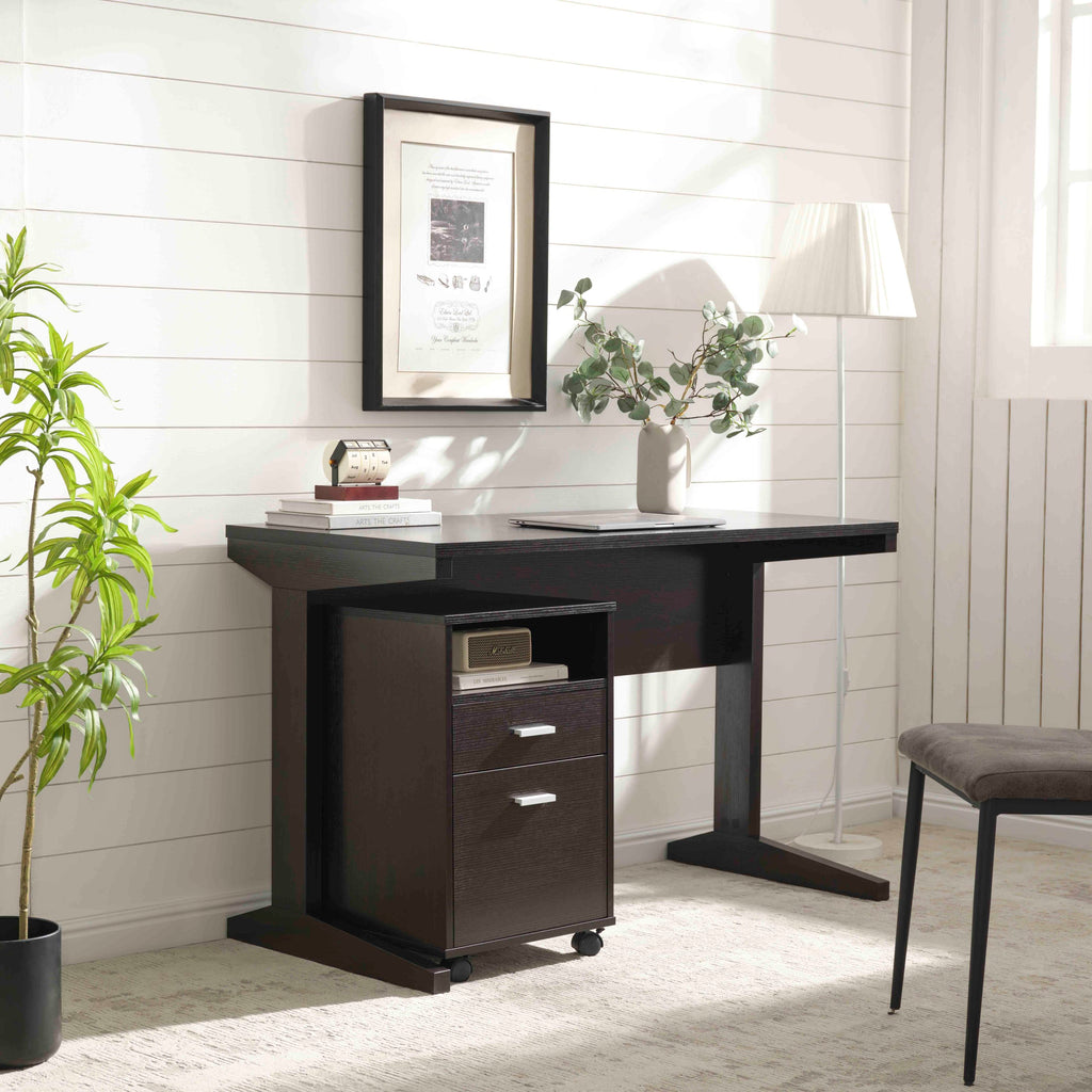Home office desk with modesty panel and detached file cabinet on locking wheels with two drawers file drawer cubby shelf meta