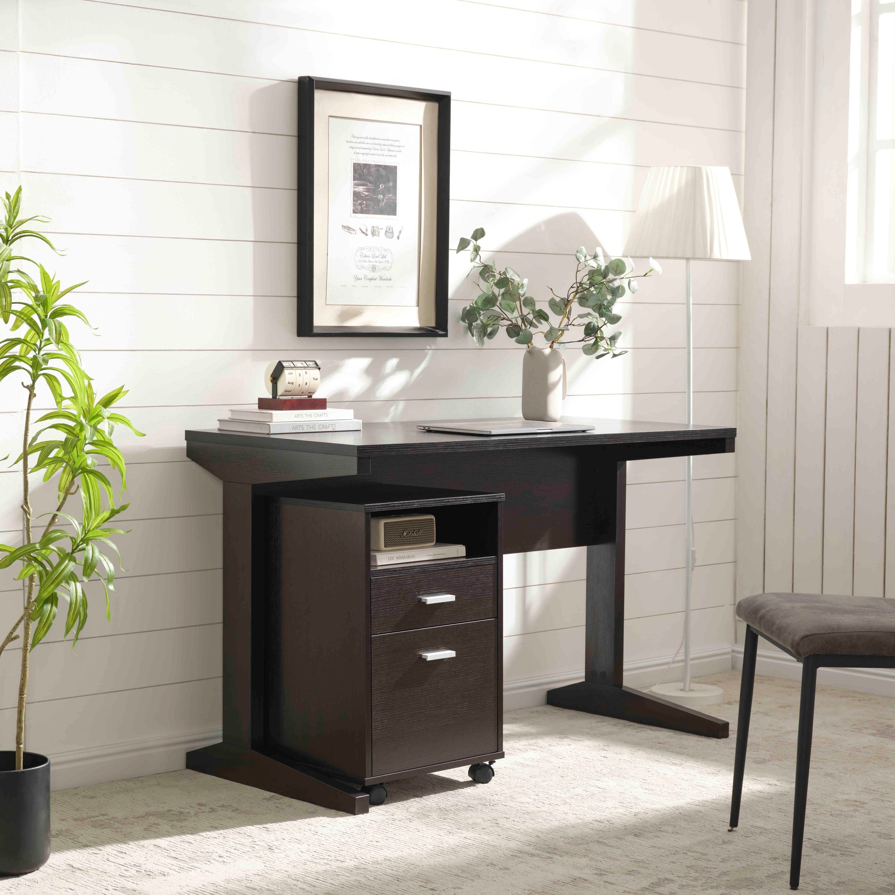 Home office desk with modesty panel and detached file cabinet on locking wheels with two drawers file drawer cubby shelf meta
