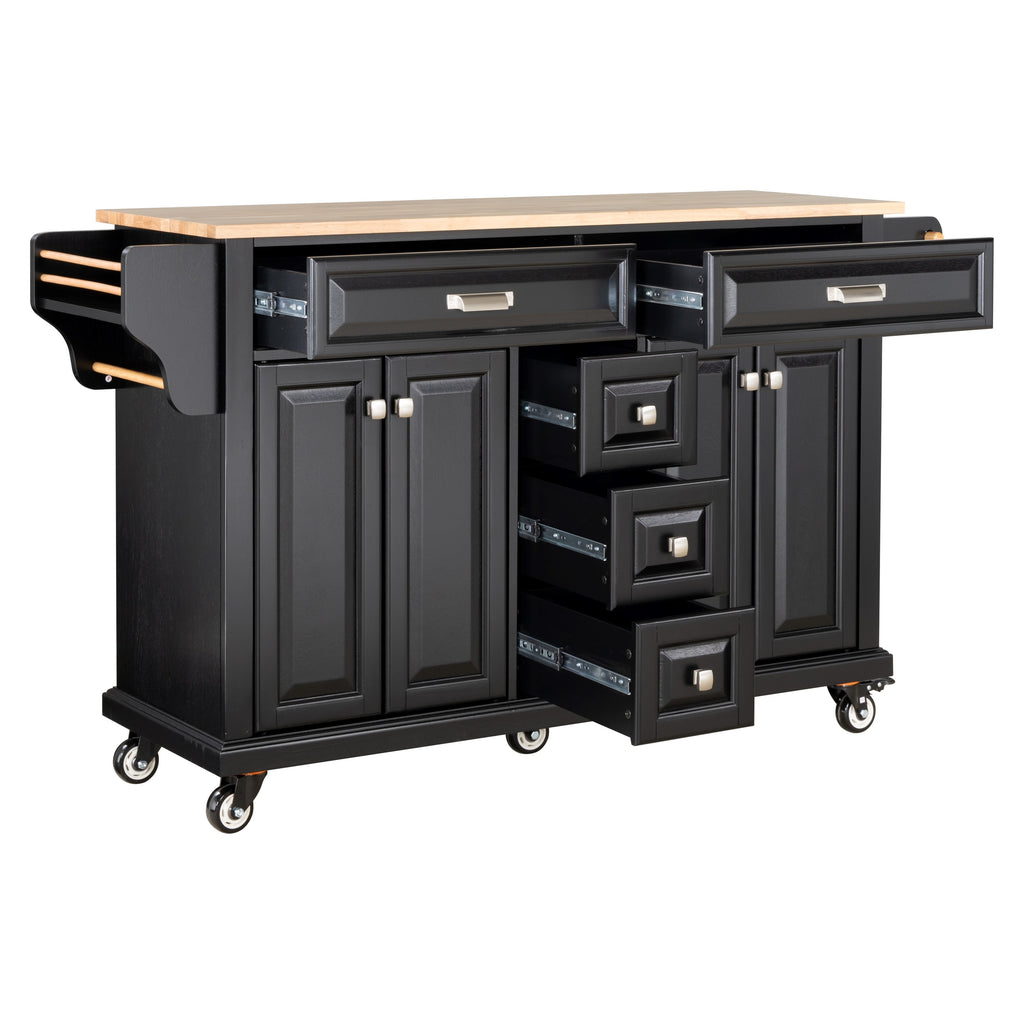Kitchen Island with Rubber wood Countertop, Kitchen Cart on 5 Wheels with Storage Cabinet and 5 Drawers for Dinning Room, Black - Grand Goldman Shop
