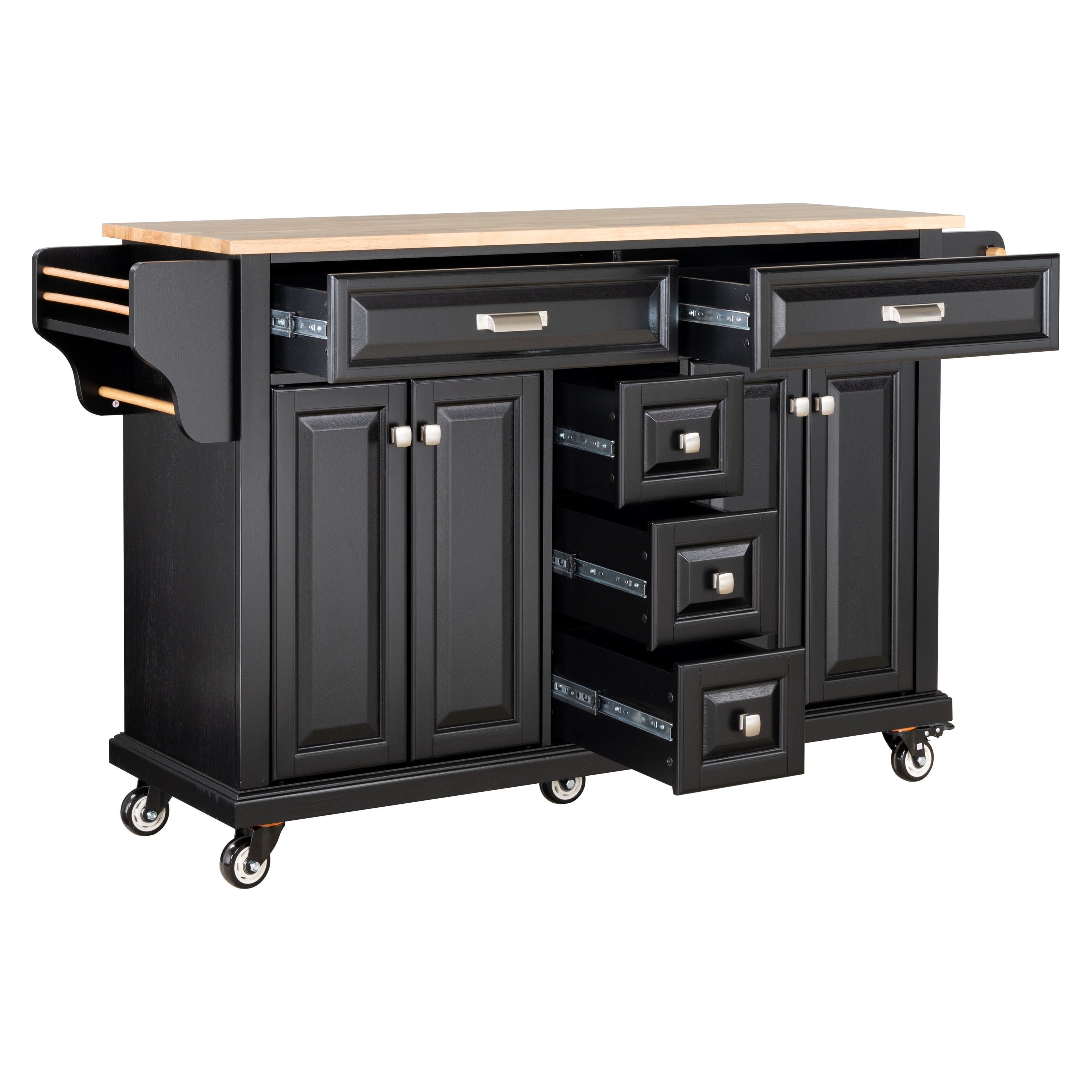 Kitchen Island with Rubber wood Countertop, Kitchen Cart on 5 Wheels with Storage Cabinet and 5 Drawers for Dinning Room, Black - Grand Goldman Shop