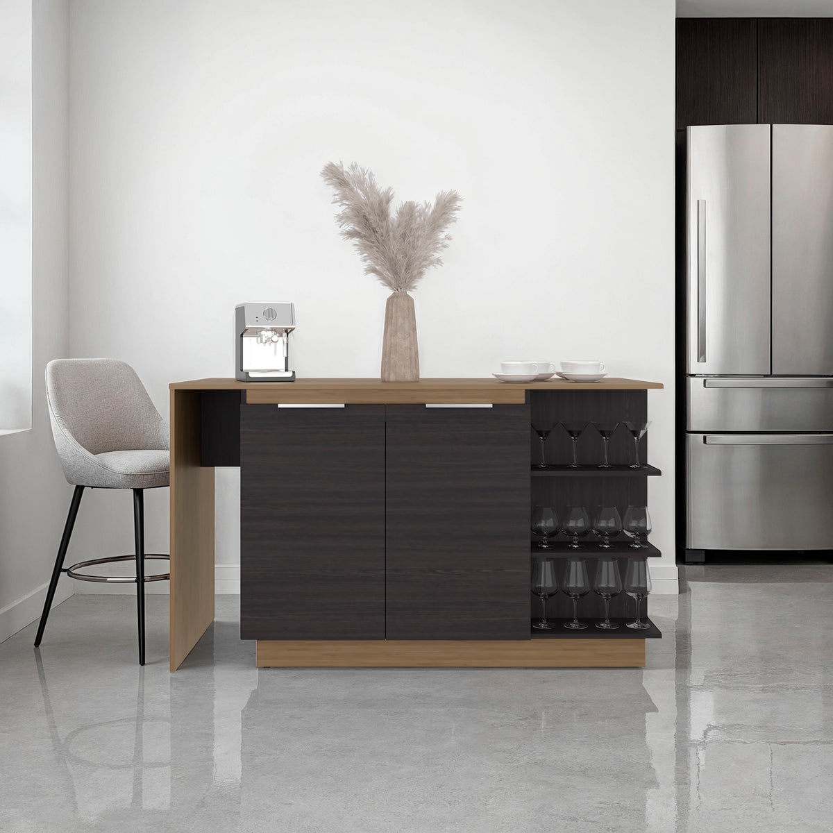 Dwight Kitchen Bar Counter with Shelves and Cabinets, Black Wengue / Natural Oak - Grand Goldman Shop