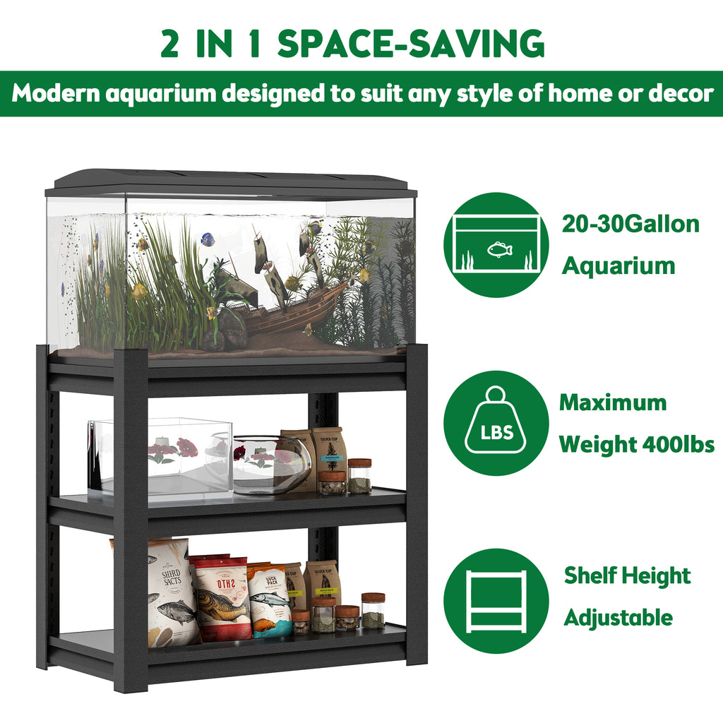 Metal Aquarium Stand 20-30 Gallon Adjustable 3-Tier Fish Tank Rack Shelf - Black, Heavy Duty, 34'W x 18'D x 31'H - Grand Goldman Shop