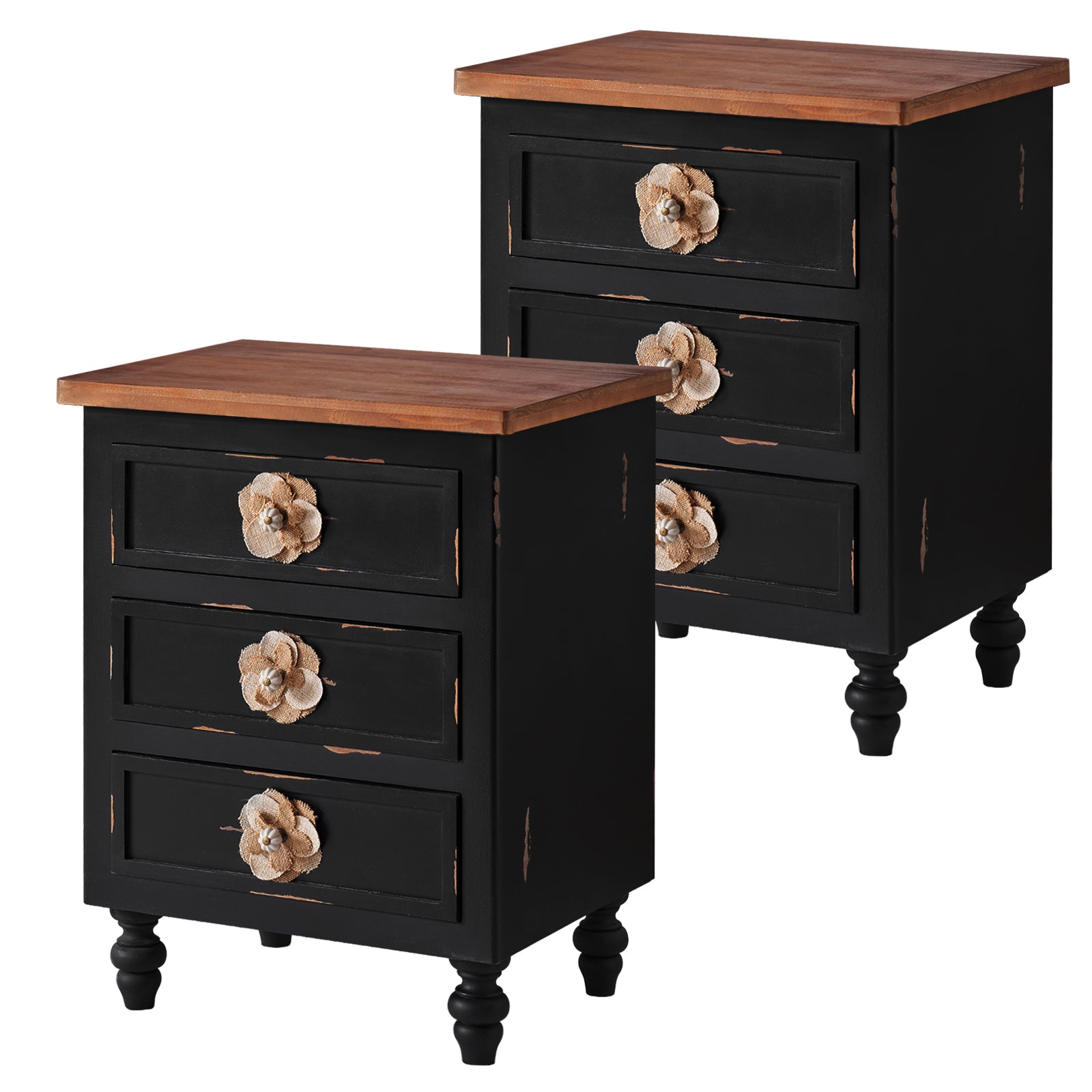 Vintage Farmhouse End Table with Floral Knobs – 19' Rustic Nightstand with 3 Drawers Gourd Legs,Bedside or Sofa Accent Table, Almost Fully Assembled, Black - Grand Goldman Shop