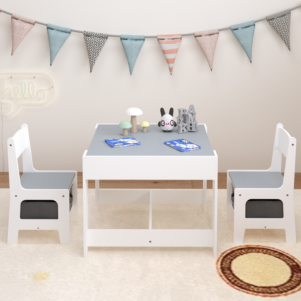 Kids Table and Chair Set, 3 in 1 Wooden Activity Table with Storage Drawer for Toddlers Drawing, Reading, Crafts, 2 in 1 Deta