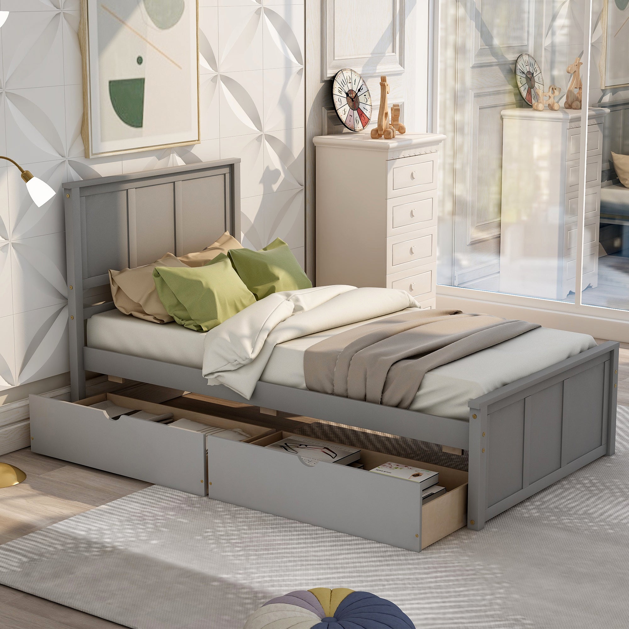 Gray Platform Storage Bed with 2 Wheels-Drawers, Twin Size Frame, Pine Wood and MDF Construction - Grand Goldman Shop