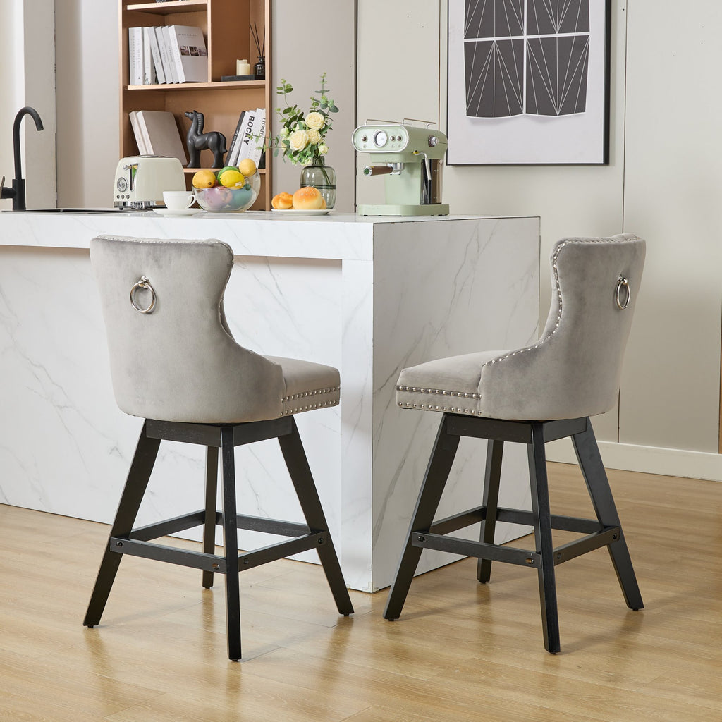 Swivel Velvet Barstools with Button Tufted Decoration and Wooden Legs, and Chrome Nailhead Trim, Leisure Style Bar Chairs,Bar stools, Set of 2 (Gray),SW1860GY - Grand Goldman Shop