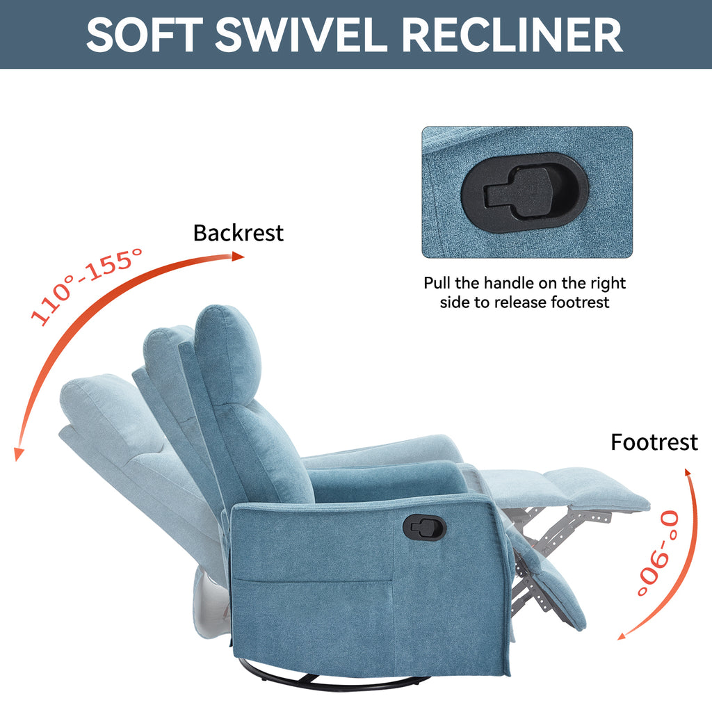 Heat Massage Manual Recliner Chair with Rocker and Swivel in Fabric for Living Room, Blue - Grand Goldman Shop