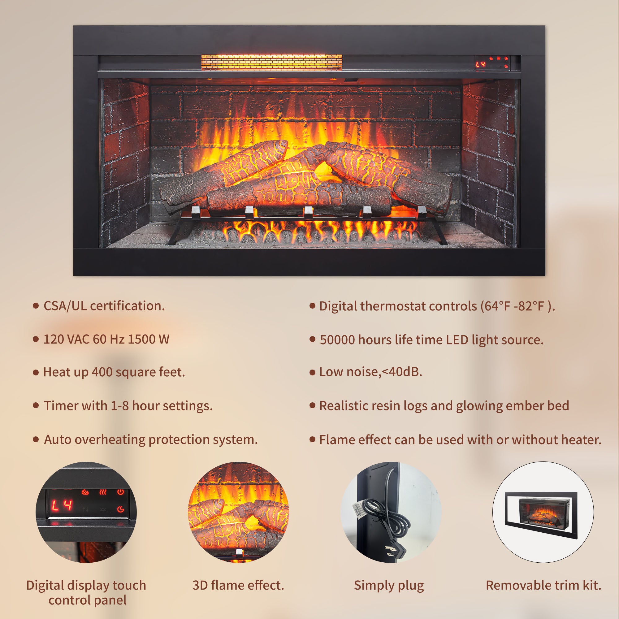 36 inch Infrared Electric Fireplace with Removable Trim kit Insert, Touch Panel Home Decor Heater - Grand Goldman Shop