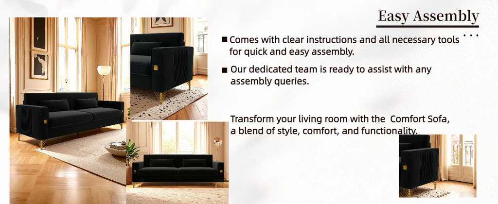 FX-P18-BK(sofa)Luxury Velvet Sofa with Gold Accents - Modern 3-Seat Couch with Plush Cushions, Perfect for Living Room and Office Decor - Grand Goldman Shop
