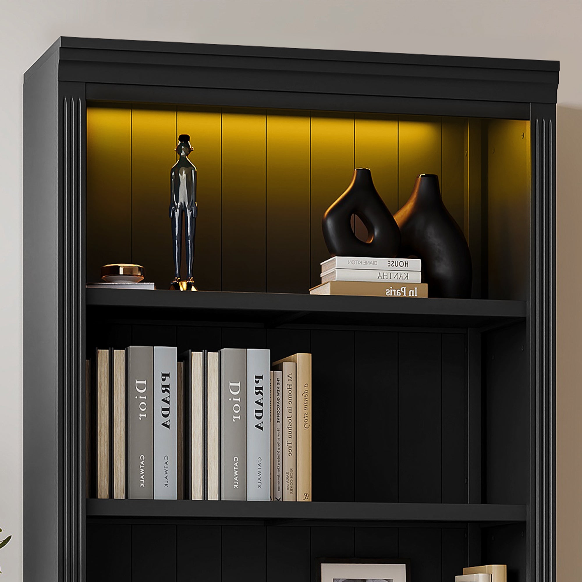 83.4' Tall Wood Bookcase with light strip,5-Tier Decor Bookshelves with Adjustable Shelves,Storage Organizer for CDs/Books/Mo