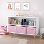 Modern Kids Bookcase with Collapsible Fabric Drawers, Children's Book Display & Toy Storage, White/Pink MDF & Pine Legs - Gra