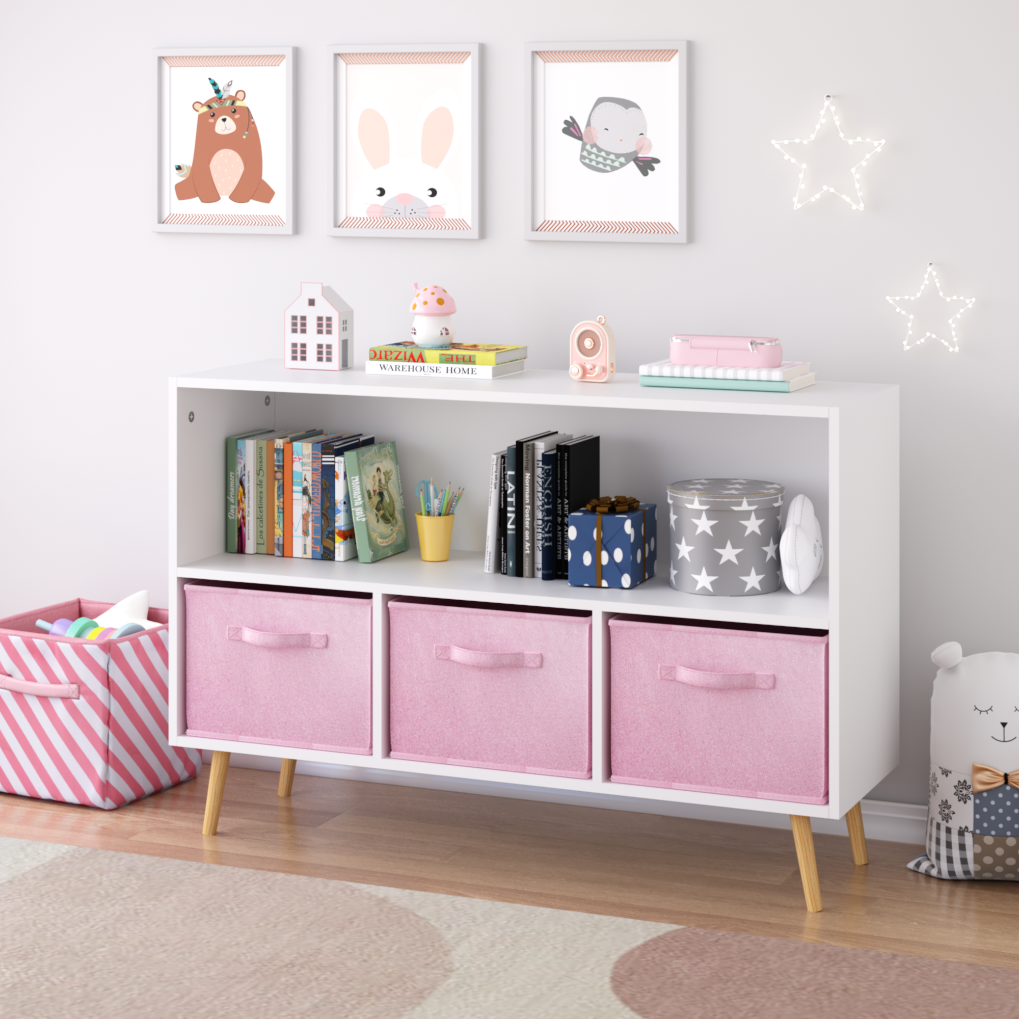 Modern Kids Bookcase with Collapsible Fabric Drawers, Children's Book Display & Toy Storage, White/Pink MDF & Pine Legs - Gra