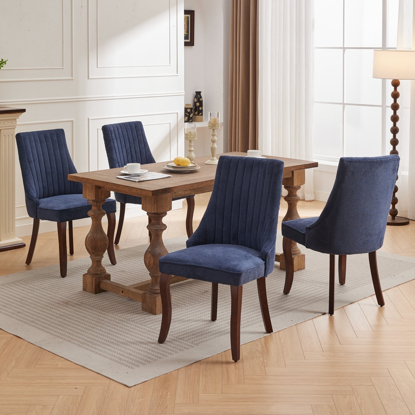 Rayon Cloth Flocking Linen Dining Chairs Channel Kitchen Dinner Chair Comfy Fabric Upholstered Accent Chair for Dining Room with Curved Solid Wood Legs,Set of 2 (Blue), SW1847BL - Grand Goldman Shop