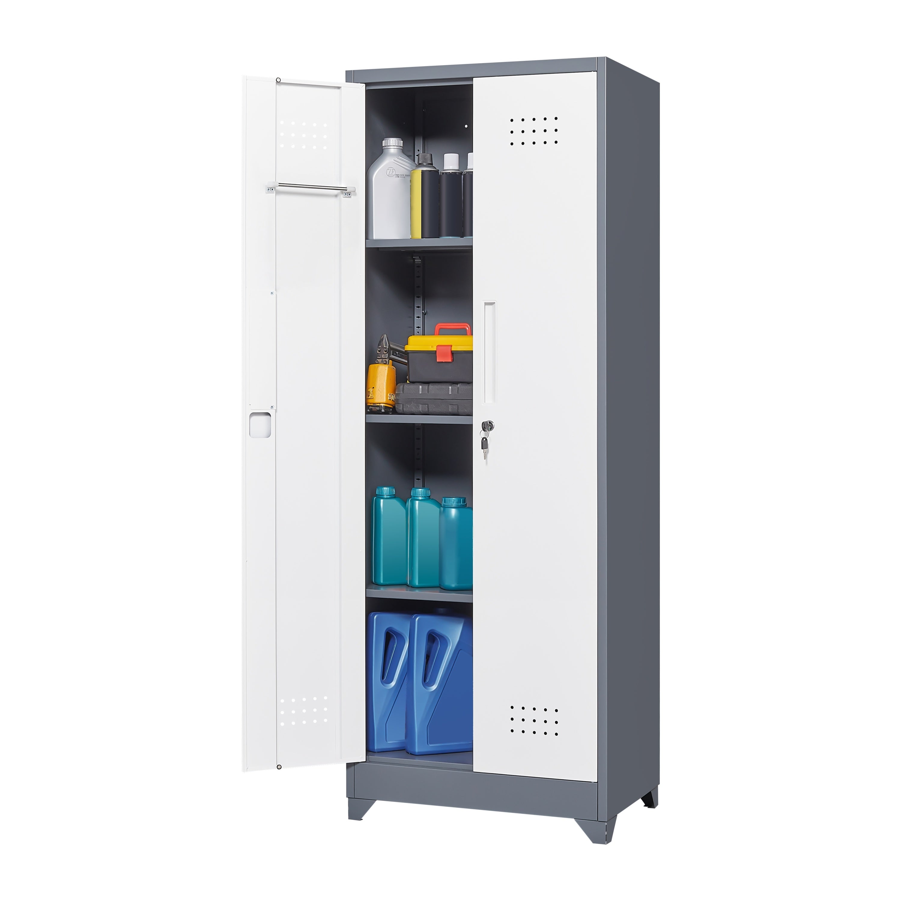Heavy Duty Grey Metal Storage Cabinet with Locking Doors, Hanging Rod & Shelves, 65' H Broom Closet for Garage or Basement - 