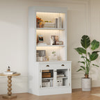 83.4'Tall Bookshelf with LED Lighting, Modern Bookcase with 2 Glass Doors and 1 Drawer,Storage Bookcase with Open Shelves for