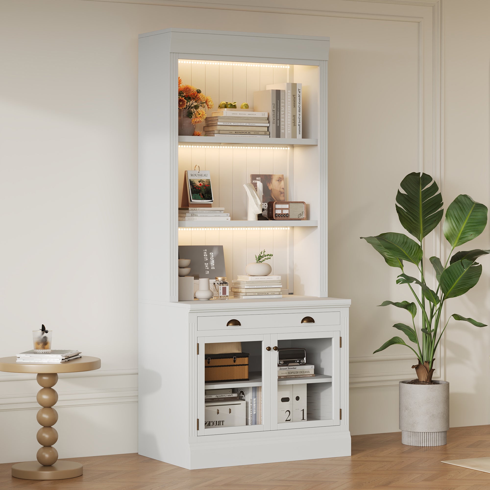 83.4'Tall Bookshelf with LED Lighting, Modern Bookcase with 2 Glass Doors and 1 Drawer,Storage Bookcase with Open Shelves for