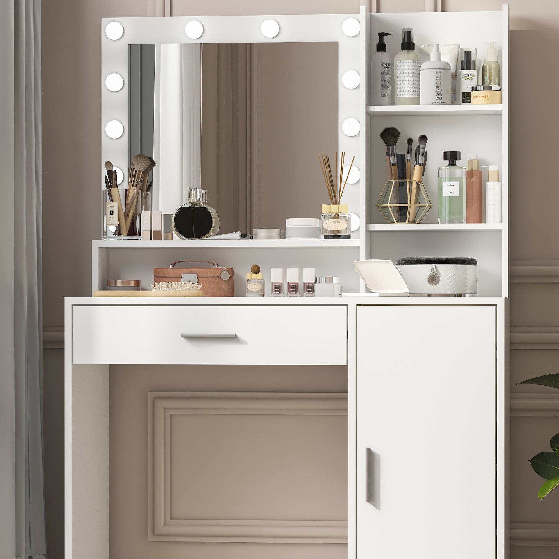 Vanity Desk with Mirror & Light, Large Drawer Three Level Storage Dresser, 3 Lighting Modes Adjustable Brightness, Bedroom Dressing Table(white) - Grand Goldman Shop