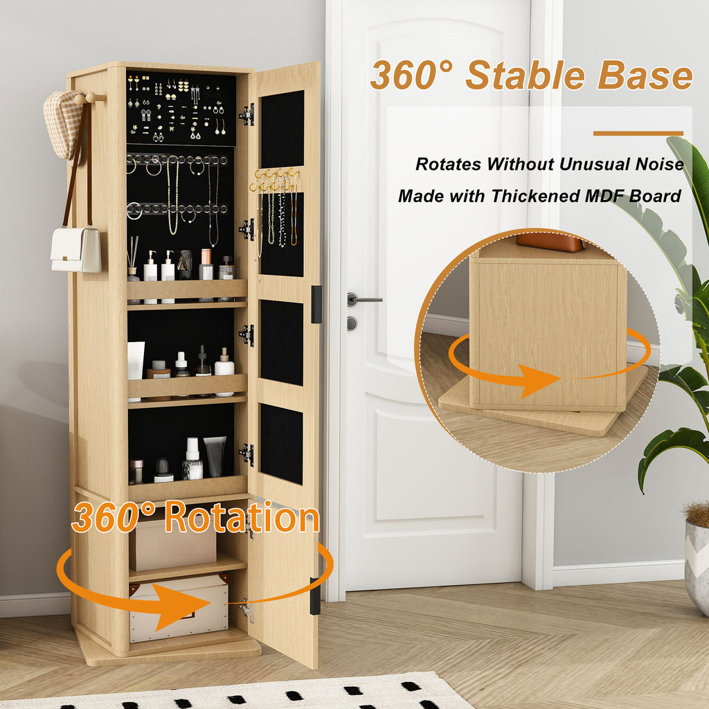360° Rotating Makeup Cabinet in Walnut with Full-Length Mirror, Jewelry Storage, Coat Rack, 4 Open Shelves & 2 Built-In Shelves - Grand Goldman Shop