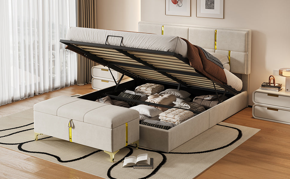 2-Pieces Bedroom Sets,Queen Size Upholstered Platform Bed with Hydraulic Storage System,Storage Ottoman with Metal Legs,Beige(Old SKU:N733S207778A) - Grand Goldman Shop