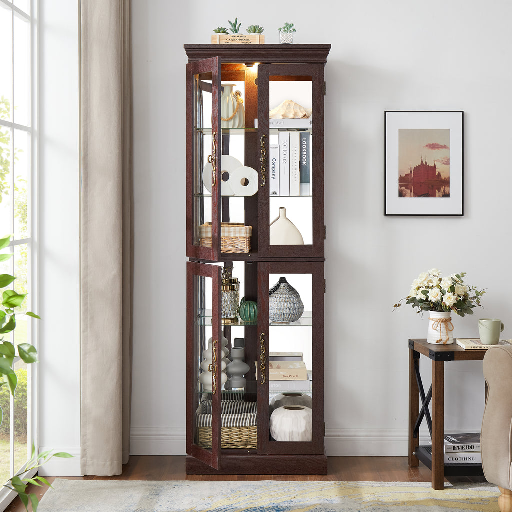 Lighted Glass Curio Display Cabinet,Display Cabinet,Glass Storage Cabinet Glass Wine cabinet Wood Frame Toy Display for Living Room, Kitchen, Pantry light bulb included Dark Cherry - Grand Goldman Shop