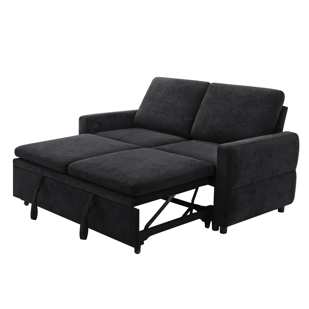 Black Convertible Sofa Bed Loveseat with Adjustable Backrest and USB Ports, 62.75' Chenille Upholstered Couch for Living Room or Small Space - Grand Goldman Shop