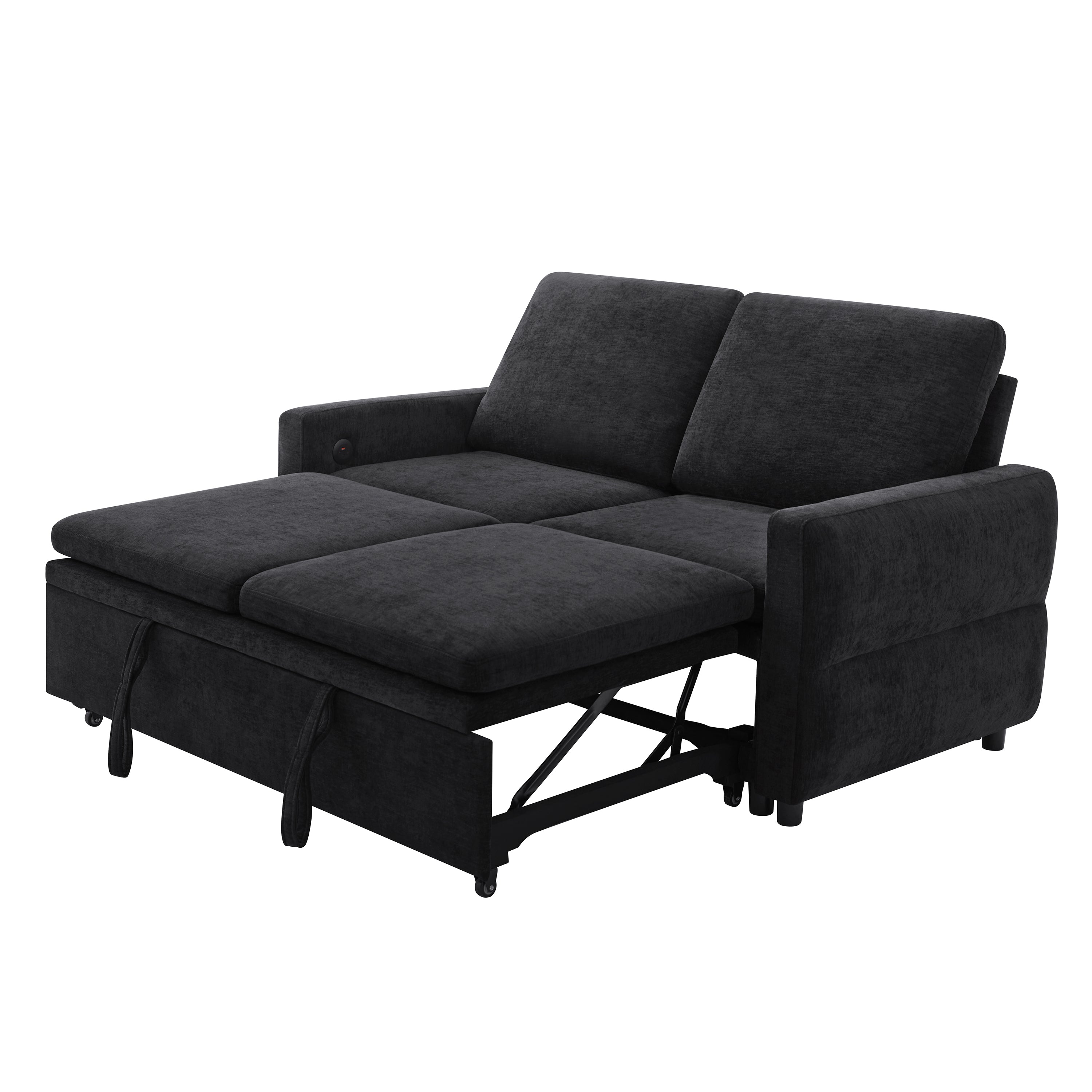Black Convertible Sofa Bed Loveseat with Adjustable Backrest and USB Ports, 62.75' Chenille Upholstered Couch for Living Room or Small Space - Grand Goldman Shop