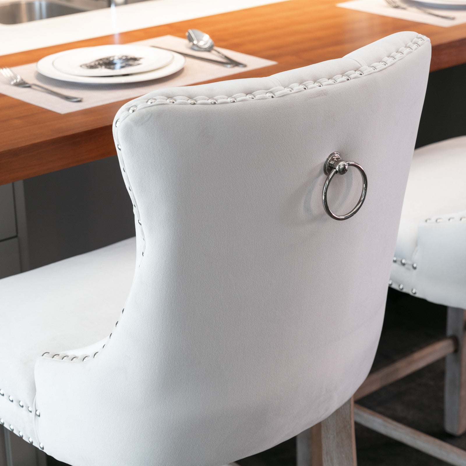 Contemporary Velvet Upholstered Barstools with Button Tufted Decoration and Wooden Legs, and Chrome Nailhead Trim, Leisure Style Bar Chairs,Bar stools, Set of 2 (Beige),SW2002BG - Grand Goldman Shop