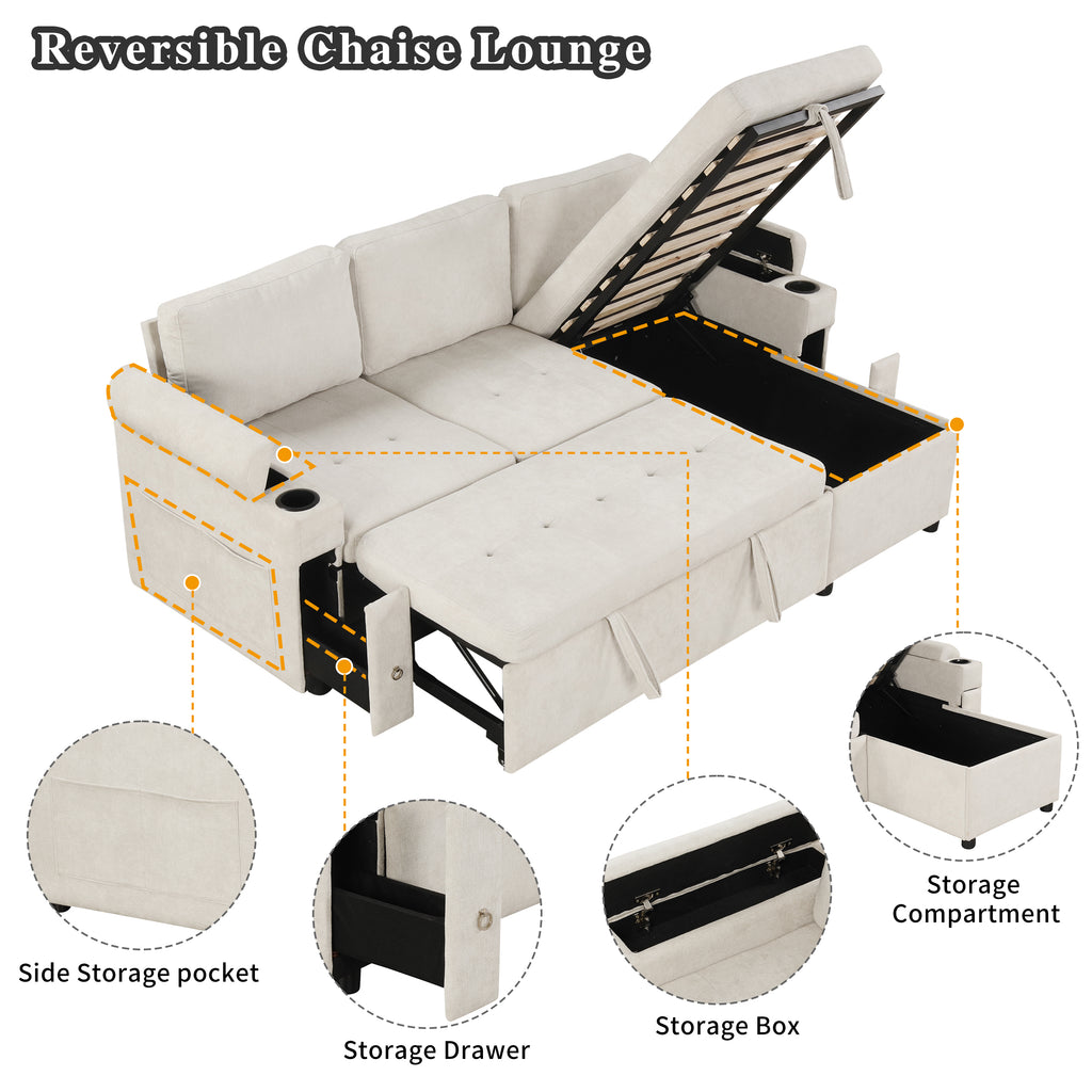 Convertible L-shaped Beige Sofa Couch with Storage, Cup Holders, USB Ports, Chenille Fabric - Grand Goldman Shop