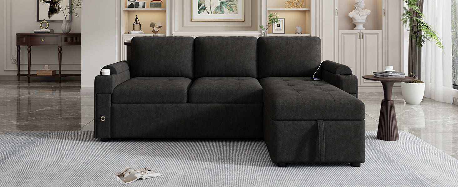 Black Convertible L-shaped Sofa Couch with Storage, Cup Holders, USB Ports, Chenille Fabric, 83.5' - Grand Goldman Shop