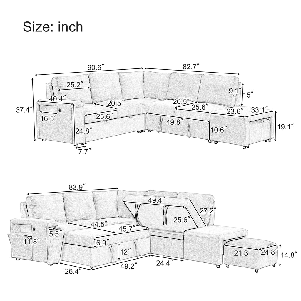 U_STYLE L-shaped Pull-Out Sofa Bed with Storage, USB Ports, and Cup Holders, Modular Design for Living Rooms, Offices & Apartments - Grand Goldman Shop