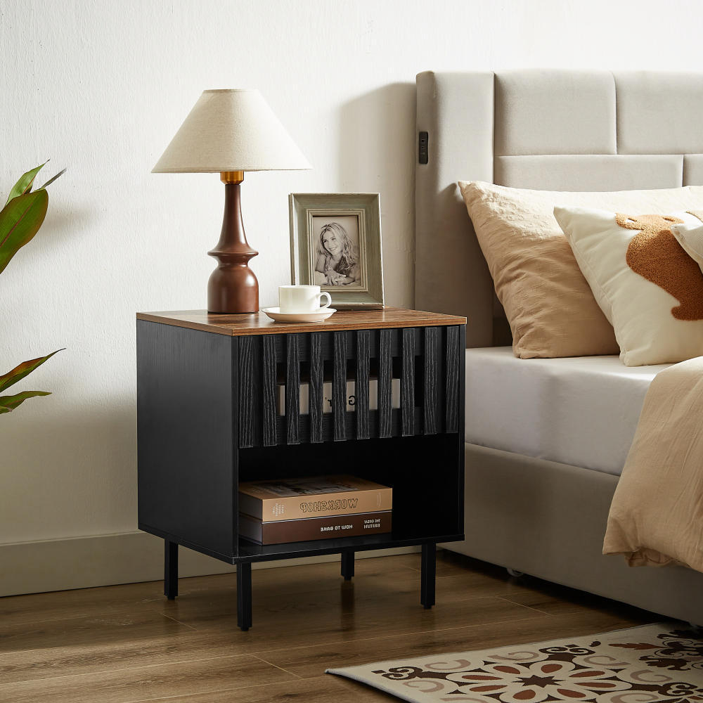 2 Set Nightstands with Grille Striped Doors, Mid Century Modern Nightstand, Bedside Table with Slatted Drawer Decor, End Tables Bedroom with Metal Legs, Night Stand for Bedroom - Grand Goldman Shop