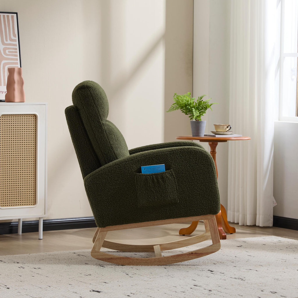 Modern Accent Rocking Chair Rocking Chair with Solid Wood Legs, Upholstered Nursery Glider Rocker, Comfy Armchair with Side Pocket, Living Room Lounge Arm Chair with High Backrest (green,teddy) - Grand Goldman Shop