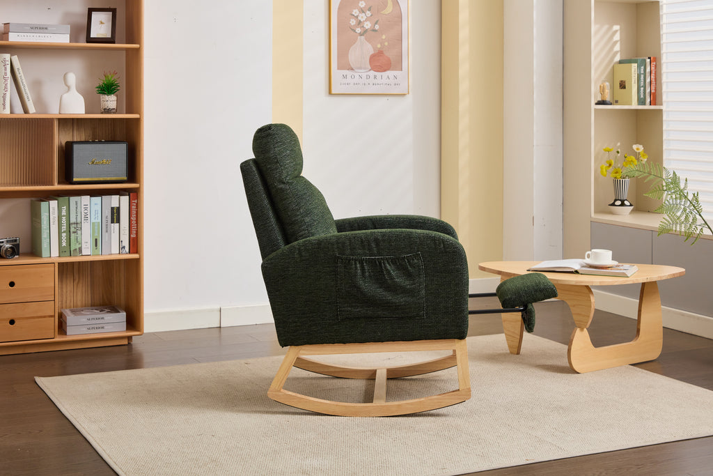 Modern Accent Rocking Chair Rocking Chair with Solid Wood Legs, Upholstered Nursery Glider Rocker, Comfy Armchair with Side Pocket, Living Room Lounge Arm Chair with High Backrest fabric - Grand Goldman Shop