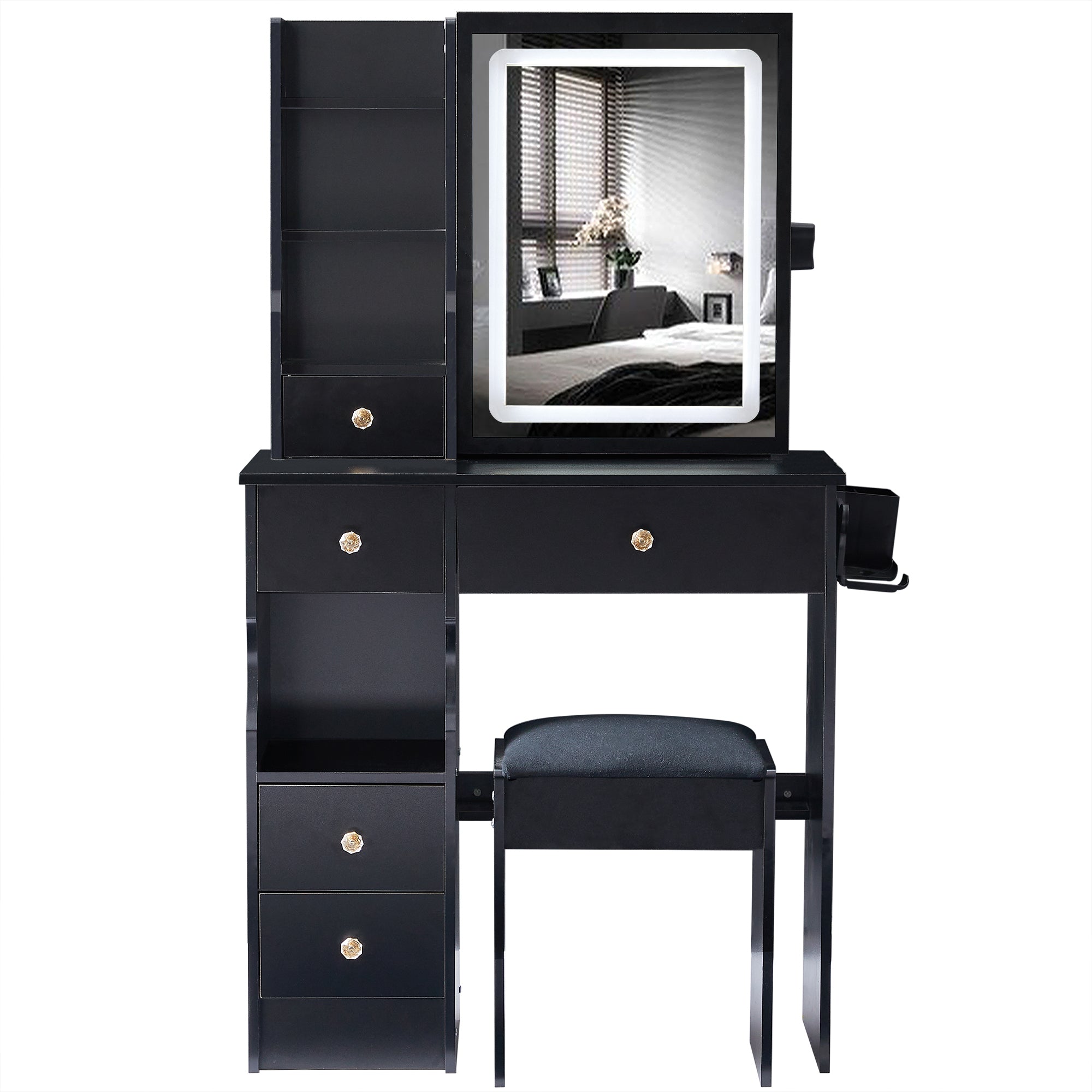 29.2' Small Size Left Drawer Desktop Vanity Table + Cushioned Stool, 2 AC+2 USB Power Station, Hair dryer bracket, Extra Large Touch Control Sliding LED Mirror, Tri-color Switching, Brightness Adjust - Grand Goldman Shop