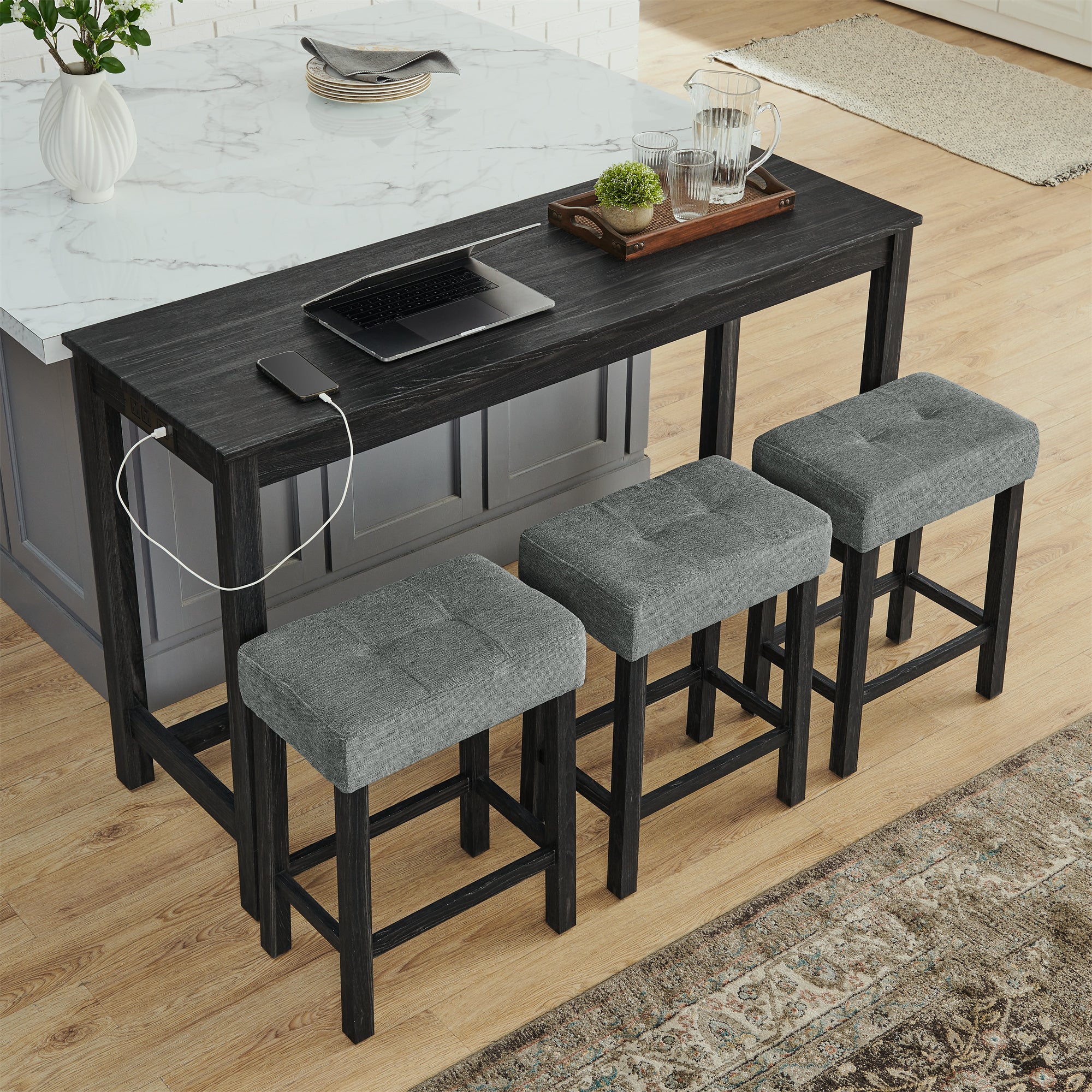 59 Inch Bar Table, Dining Table, Sofa Table with Power Outlet, 3 Upholstered Stools, 4 Piece Bar Table and Chair Set for Living Room, Dining Room, Kitchen - Grand Goldman Shop