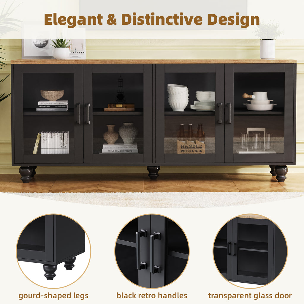 ON-TREND Farmhouse TV Stand with Tempered Glass Doors for TVs Up to 70', Versatile Sideboard with Adjustable Shelves, Elegant Buffet Cabinet with 5 Solid Wood Gourd-Shaped Legs for Living Room, Black - Grand Goldman Shop