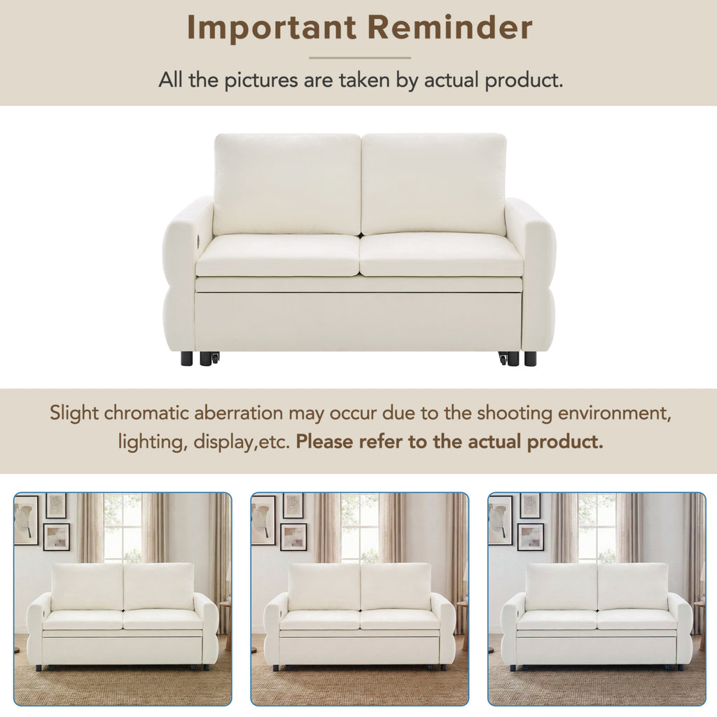 Convertible Sofa Bed 62.75' Loveseat with Adjustable Backrest and USB Ports in Beige Chenille Fabric - Grand Goldman Shop