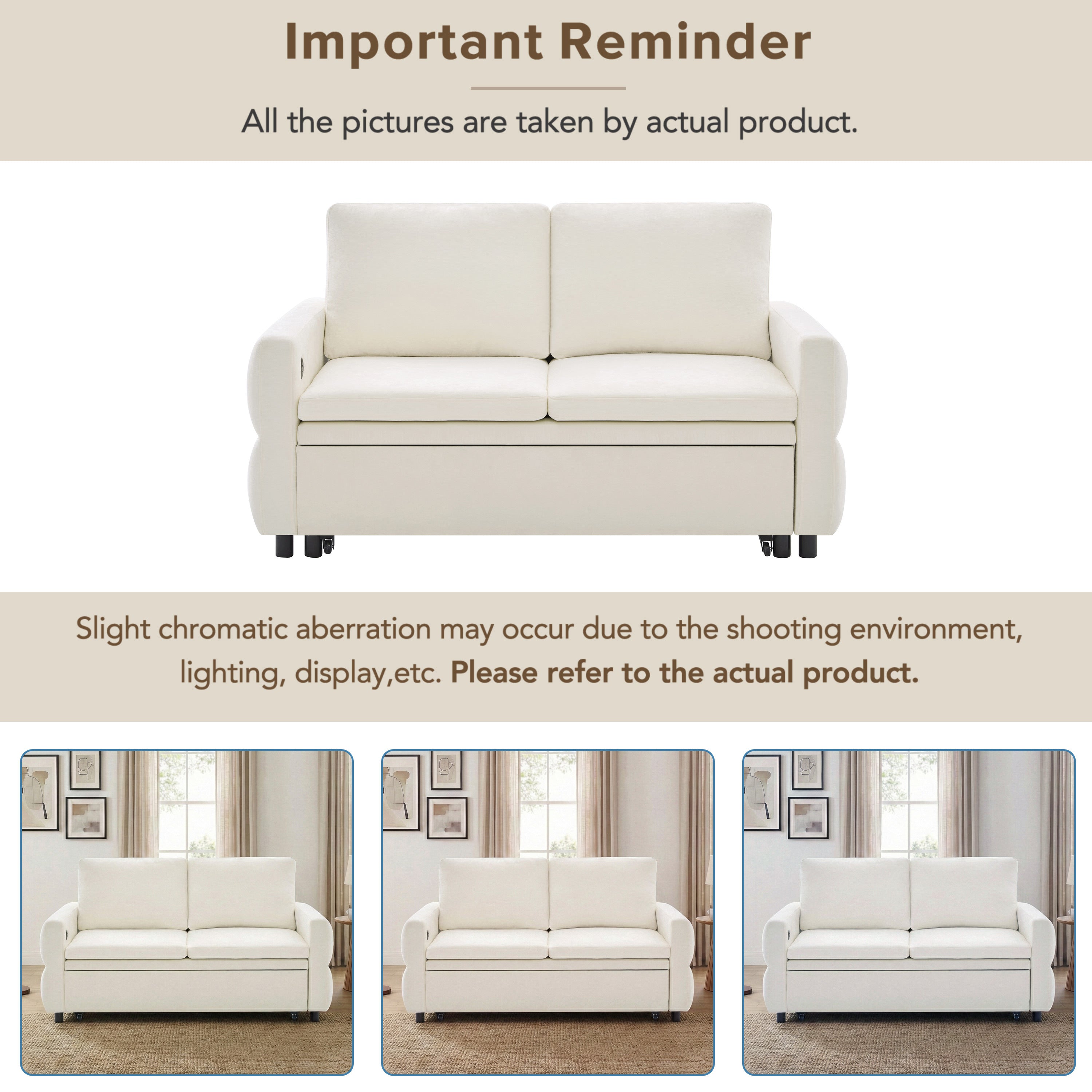 Convertible Sofa Bed 62.75' Loveseat with Adjustable Backrest and USB Ports in Beige Chenille Fabric - Grand Goldman Shop