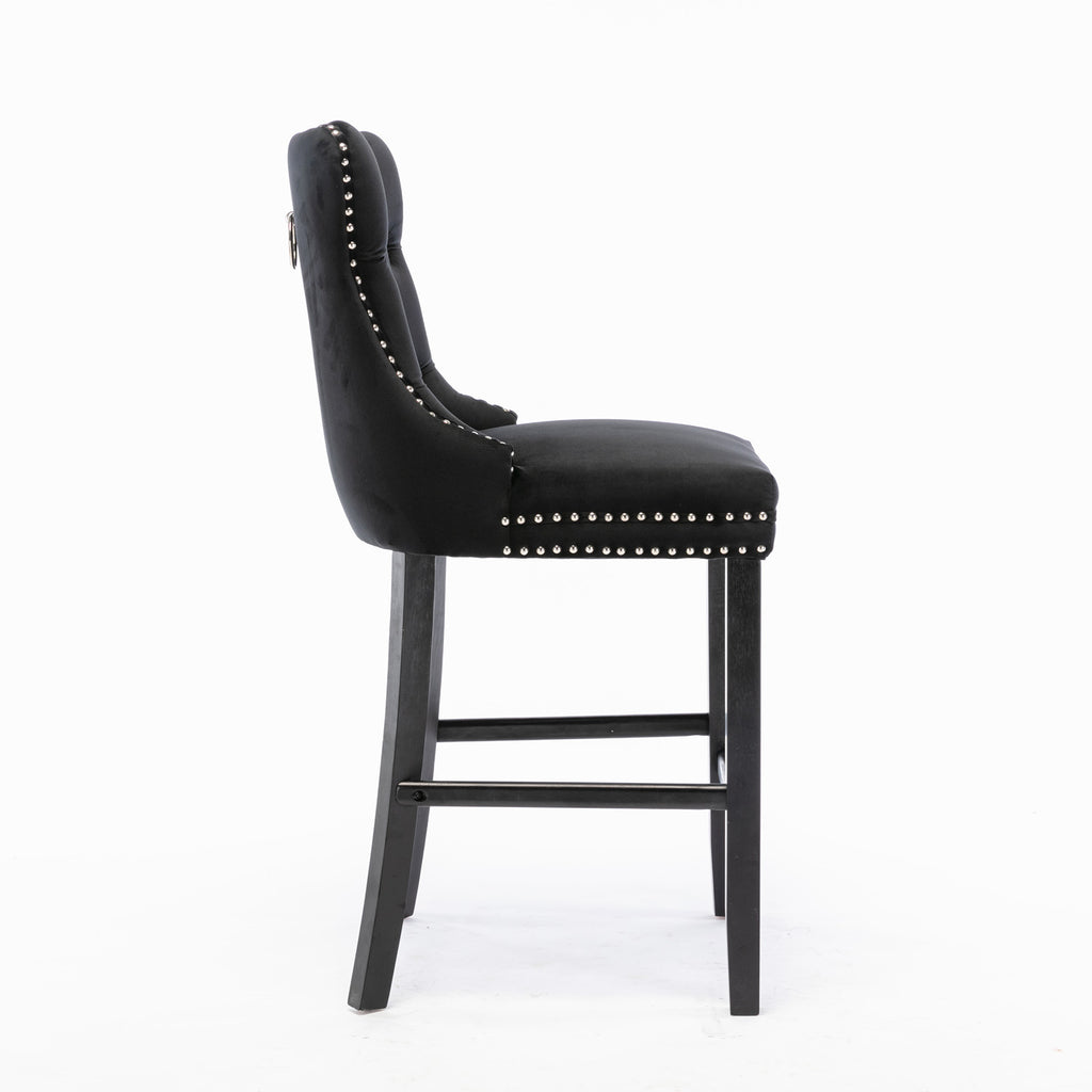 Contemporary Velvet Upholstered Barstools with Button Tufted Decoration and Wooden Legs, and Chrome Nailhead Trim, Leisure Style Bar Chairs,Bar stools, Set of 2 (Black),SW2002BK - Grand Goldman Shop