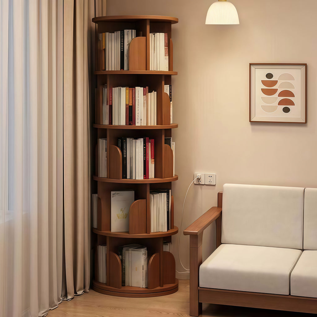5 Tier Rotating Bookshelf, 360° Display Round Spinning Bookshelf, Space-Saving, Small Space Rotating Bookshelf Tower for Bedroom, Living Room, Home, Office, Walnut - Grand Goldman Shop