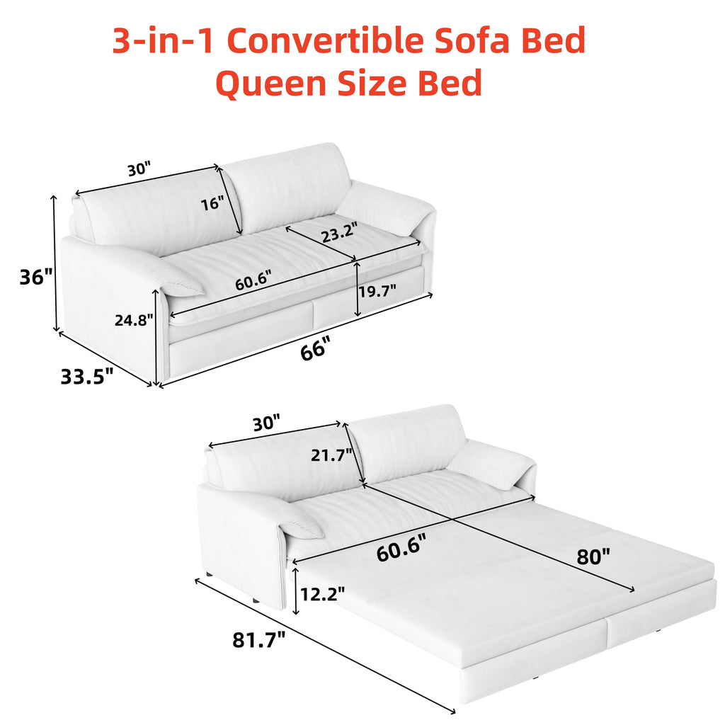 66' Queen Pull Out Sofa Bed, 3-in-1 Convertible Sleeper Sofa with Side Storage,Multi-Functional Velvet Loveseat Bed for Living Room - Grand Goldman Shop