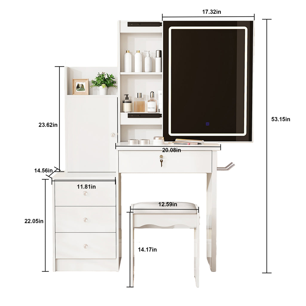 Vanity Desk Set with Sliding Lighted Mirror, Makeup Dressing Table with 4 Drawers & 9 Storage Spaces, Hidden Compartments and Cushioned Stool, White Beauty Furniture for Bedroom - Grand Goldman Shop