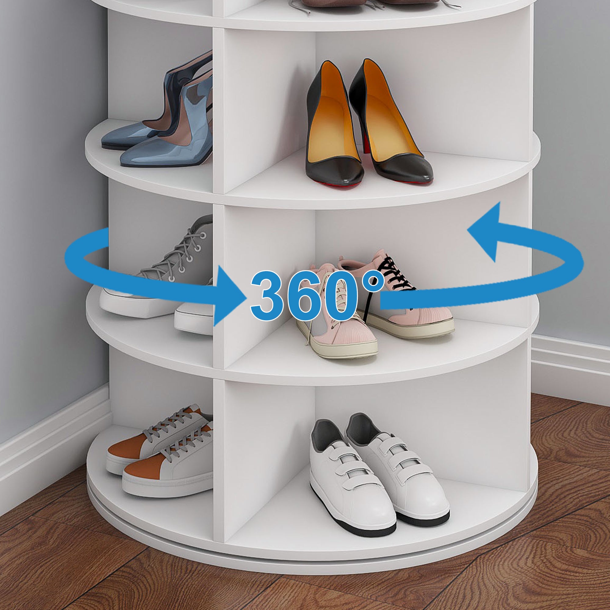 Rotating Shoe Rack Tower, 8-Tier Spinning Storage Rack, Free Standing 360° Revolving Organizer in White with PVC Construction, Holds 32 Pairs of Shoes - Grand Goldman Shop
