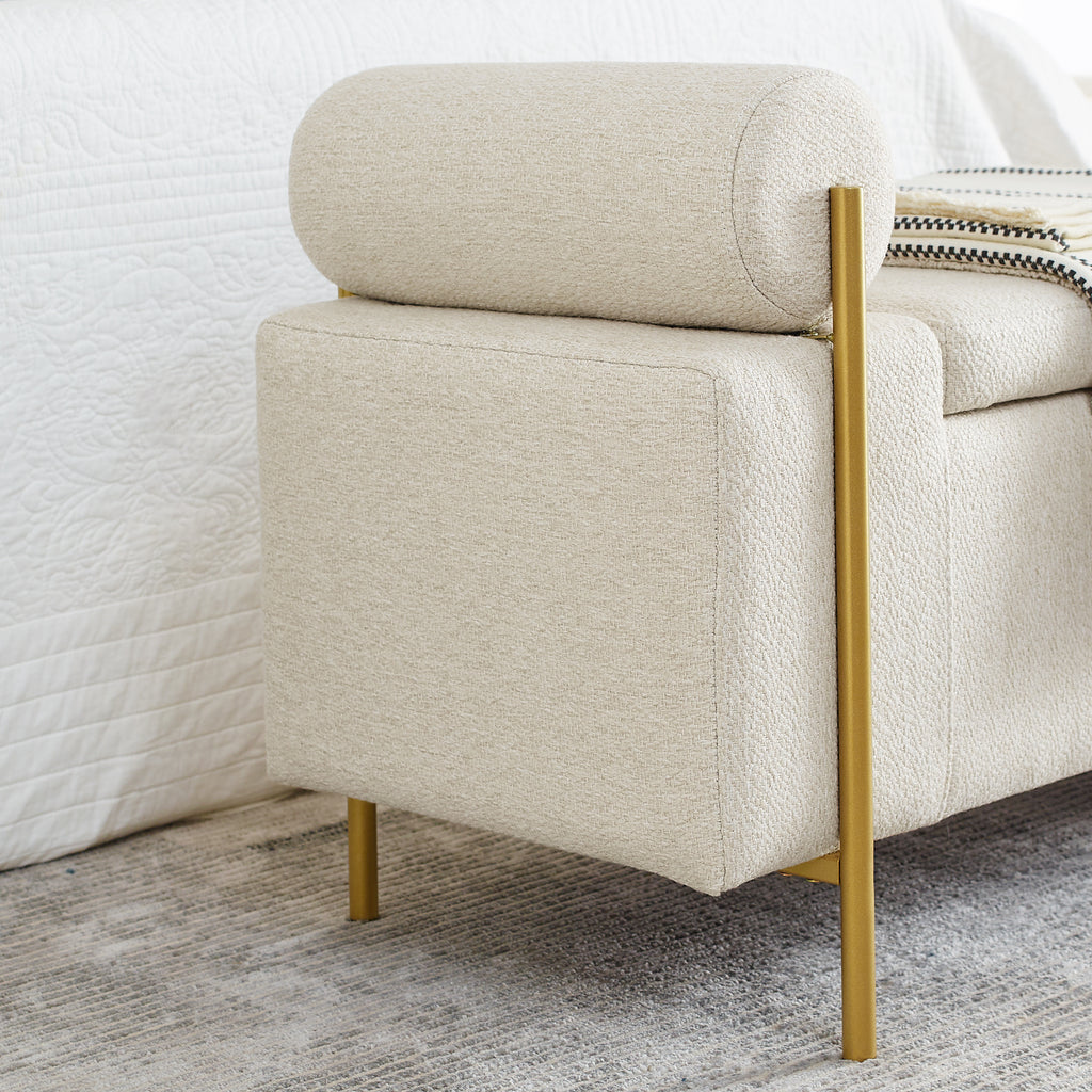 Elegant Upholstered Linen Storage Bench with Cylindrical Arms and Iron Legs, Beige - Grand Goldman Shop