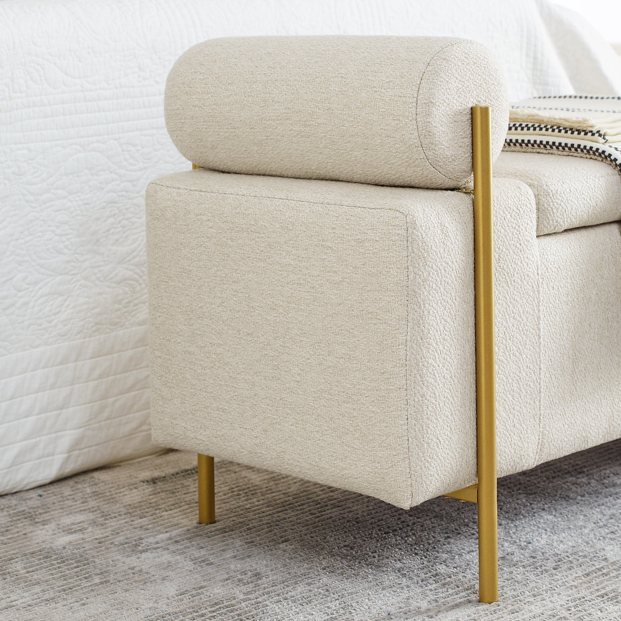 Elegant Upholstered Linen Storage Bench with Cylindrical Arms and Iron Legs, Beige - Grand Goldman Shop