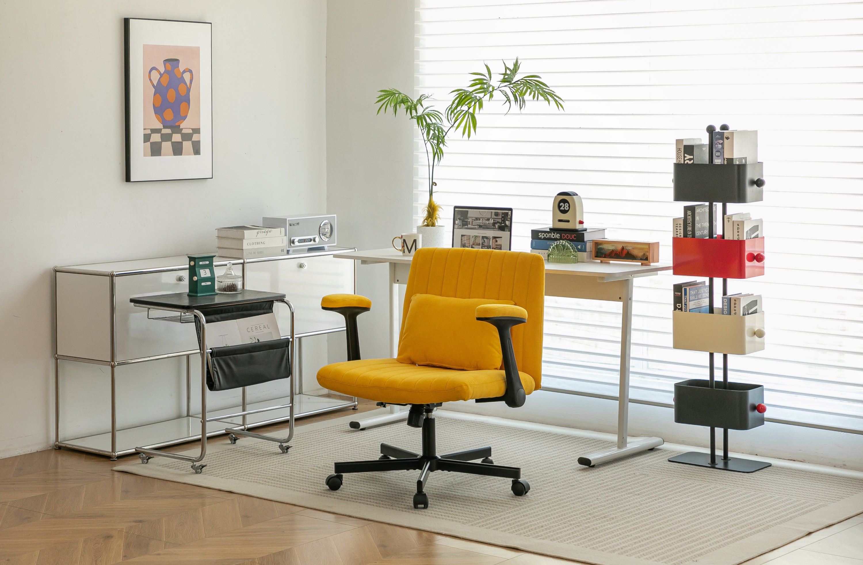 Modern Yellow Linen Criss Cross Armrest Office Chair with Wheels - Ergonomic Design for Home Office, Work & Study | Premium H