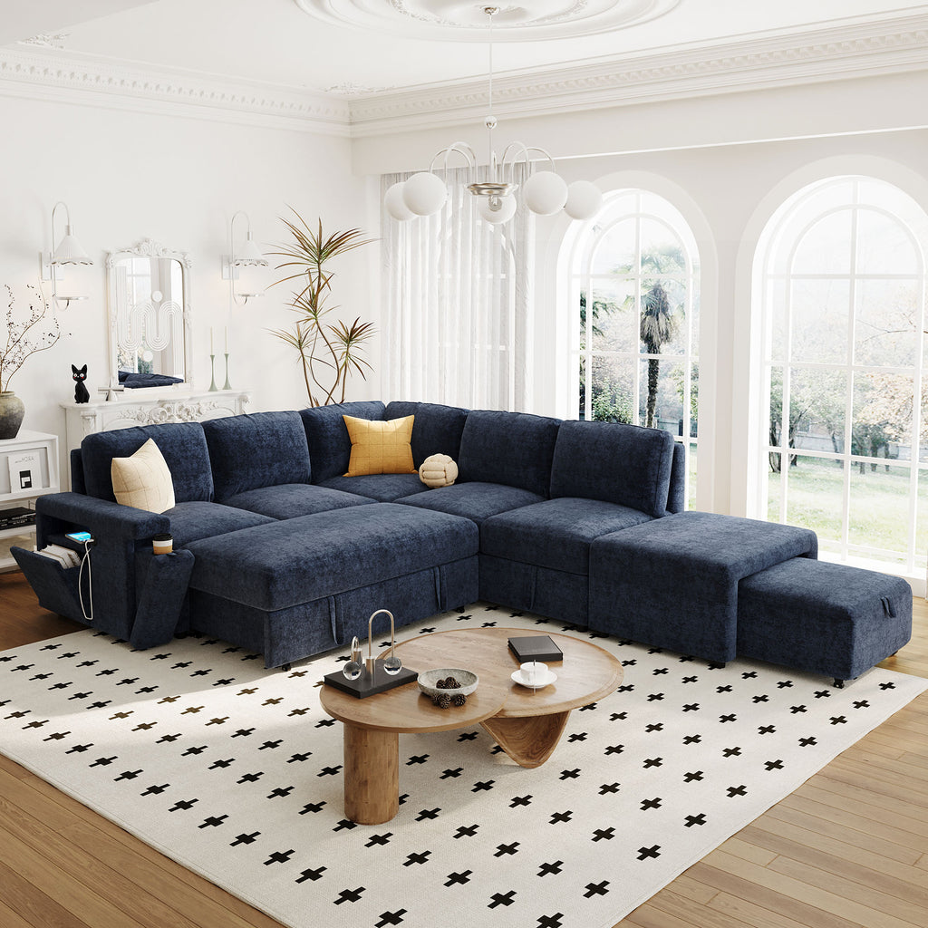 U_STYLE L-shaped Pull-Out Sofa Bed with Storage, USB Ports, and Cup Holders, Modular Design for Living Rooms, Offices & Apartments - Grand Goldman Shop
