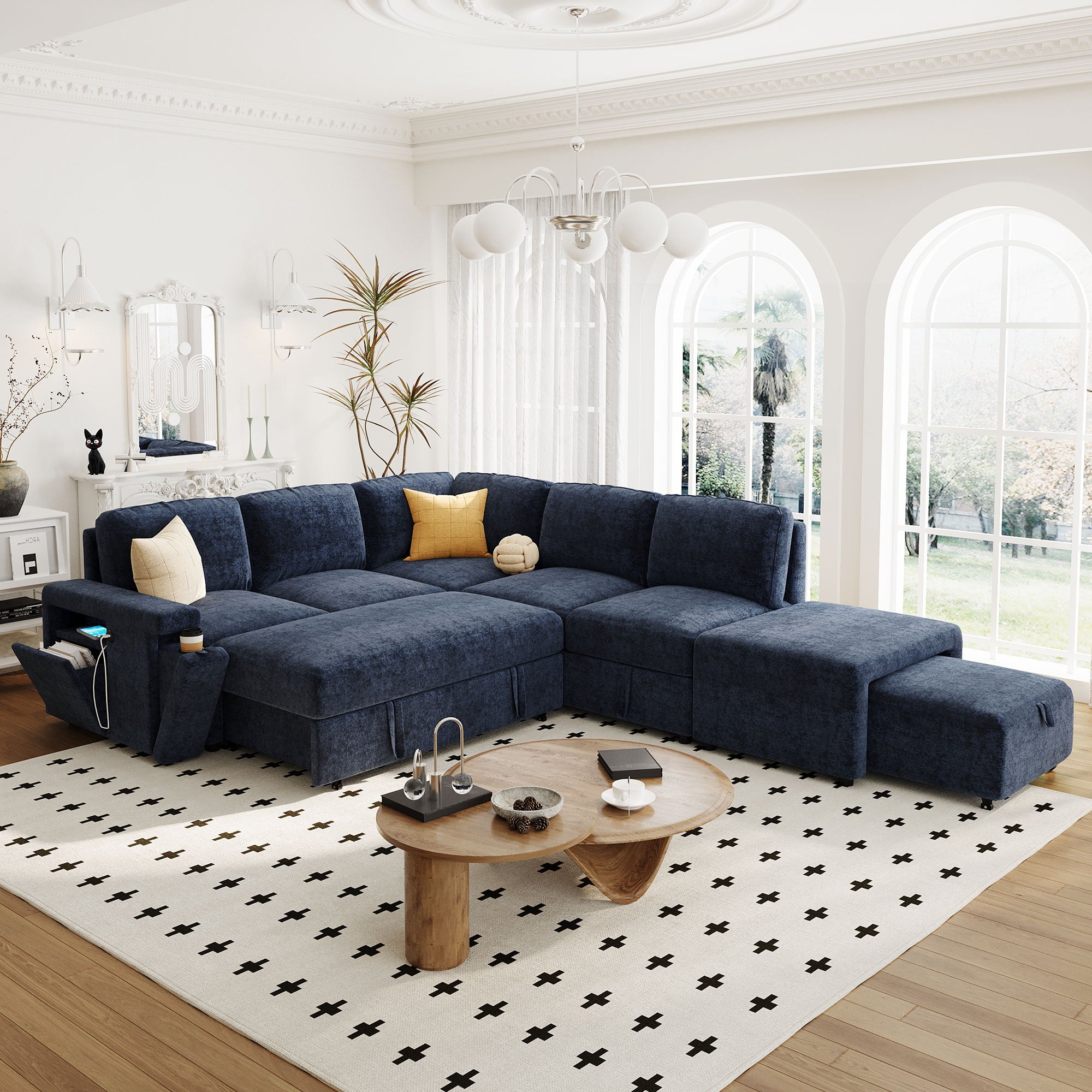 U_STYLE L-shaped Pull-Out Sofa Bed with Storage, USB Ports, and Cup Holders, Modular Design for Living Rooms, Offices & Apartments - Grand Goldman Shop