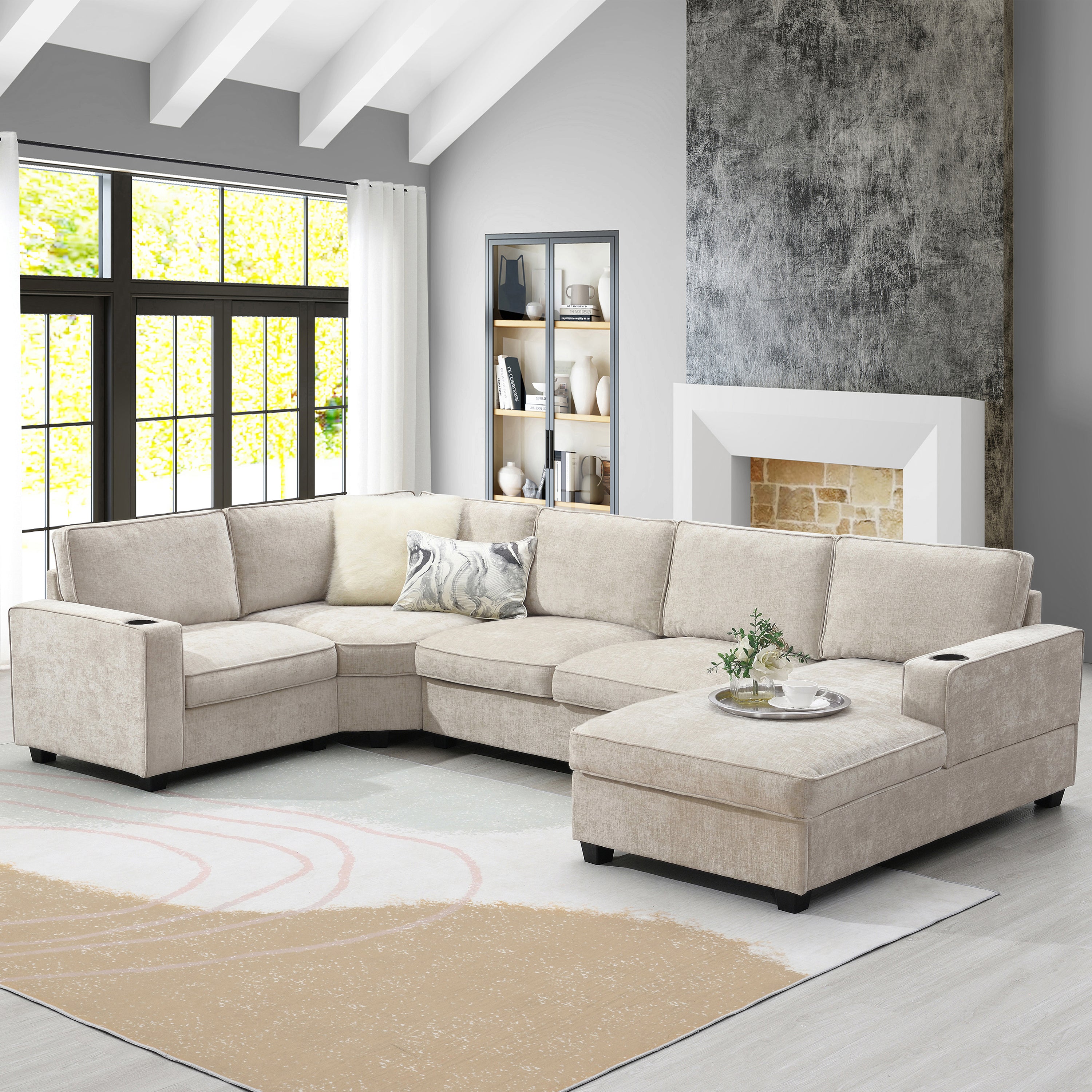 [VIDEO]119' U-Shaped Sectional Sofa, 6 Seat Chenille Corner Couch Set with Cup Holders, Oversized Chaise Lounge, Irregular Corner, Deep and Wide Seat, Comfy Sofa for Living Room&Apartment, 2 Colors - Grand Goldman Shop