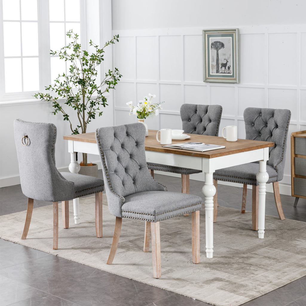Nikki Collection Modern, High-end Tufted Solid Wood Contemporary Flax Upholstered Linen Dining Chair with Wood Legs Nailhead Trim 2-Pcs Set,Gray, SW6801GY - Grand Goldman Shop
